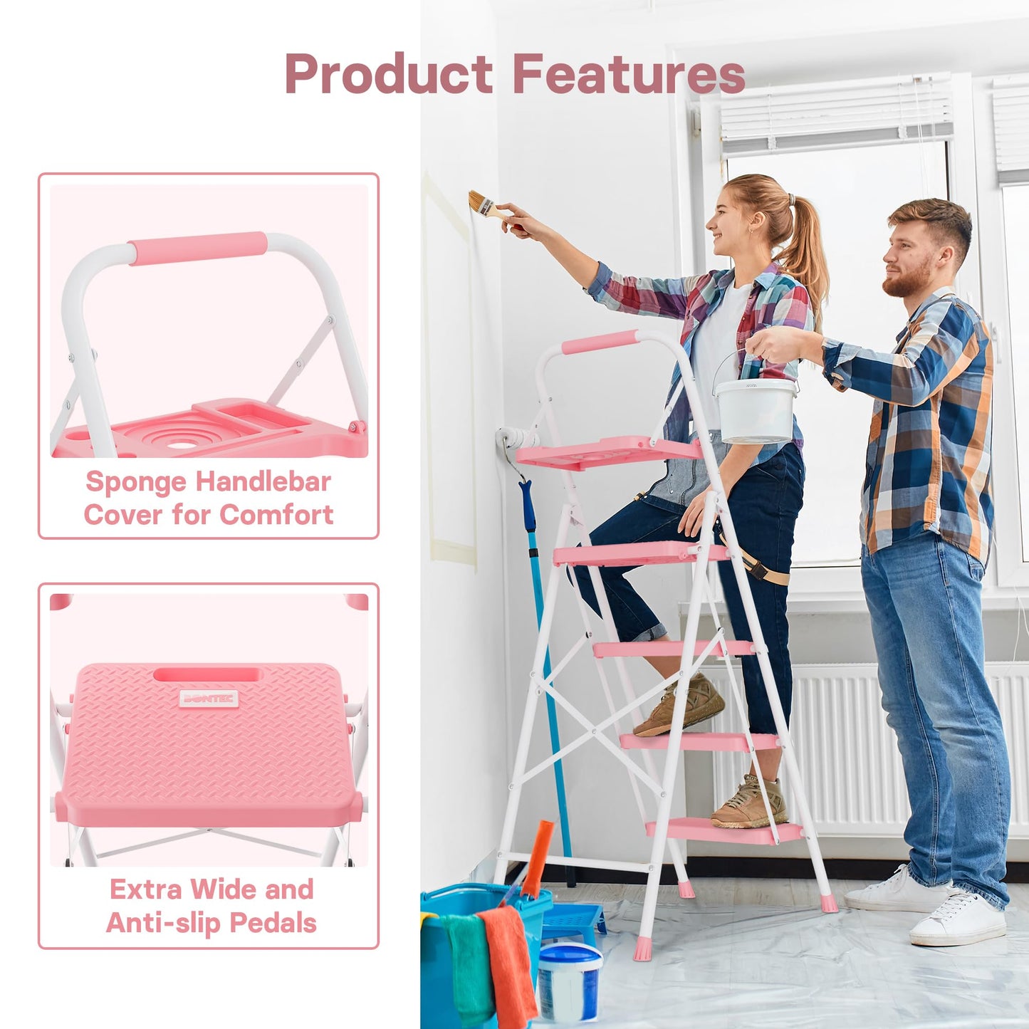 BONTEC 4-Step Ladder, 400lbs Max Load, Folding Step Stool with Tool Tray, Anti-Slip Pedals, Sturdy Steel, Lightweight Portable Ladder with Handrail for Home & Work Use, Pink