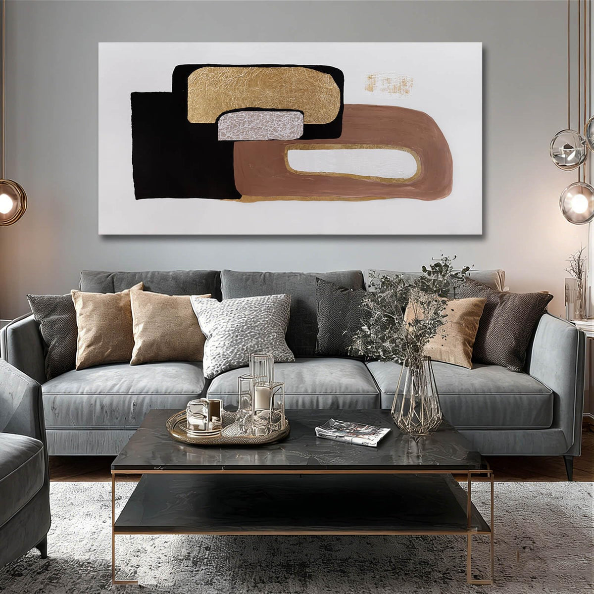 Framed Neutral Abstract Wall Art for Living Room Black and Gold Pictures Wall Decor Geometric Block Art 29"x 58" Big Painting for Bedroom Office