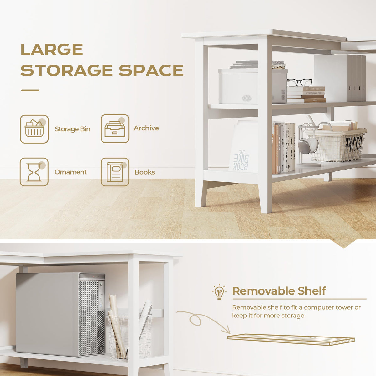 IOTXY Reversible L-Shaped Office Desk - 53" Modern Corner Computer Table with Storage Shelves, Solid Wood Legs, Home Writing & Study Workstation, White