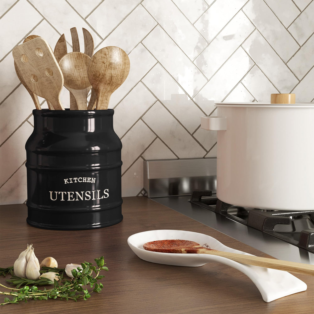 Barnyard Designs Ceramic Farmhouse Utensil Holder for Kitchen Counter, Large Rustic Utensil Crock, Countertop Cooking Tool Spatula Organizer, 6.75” (Black)