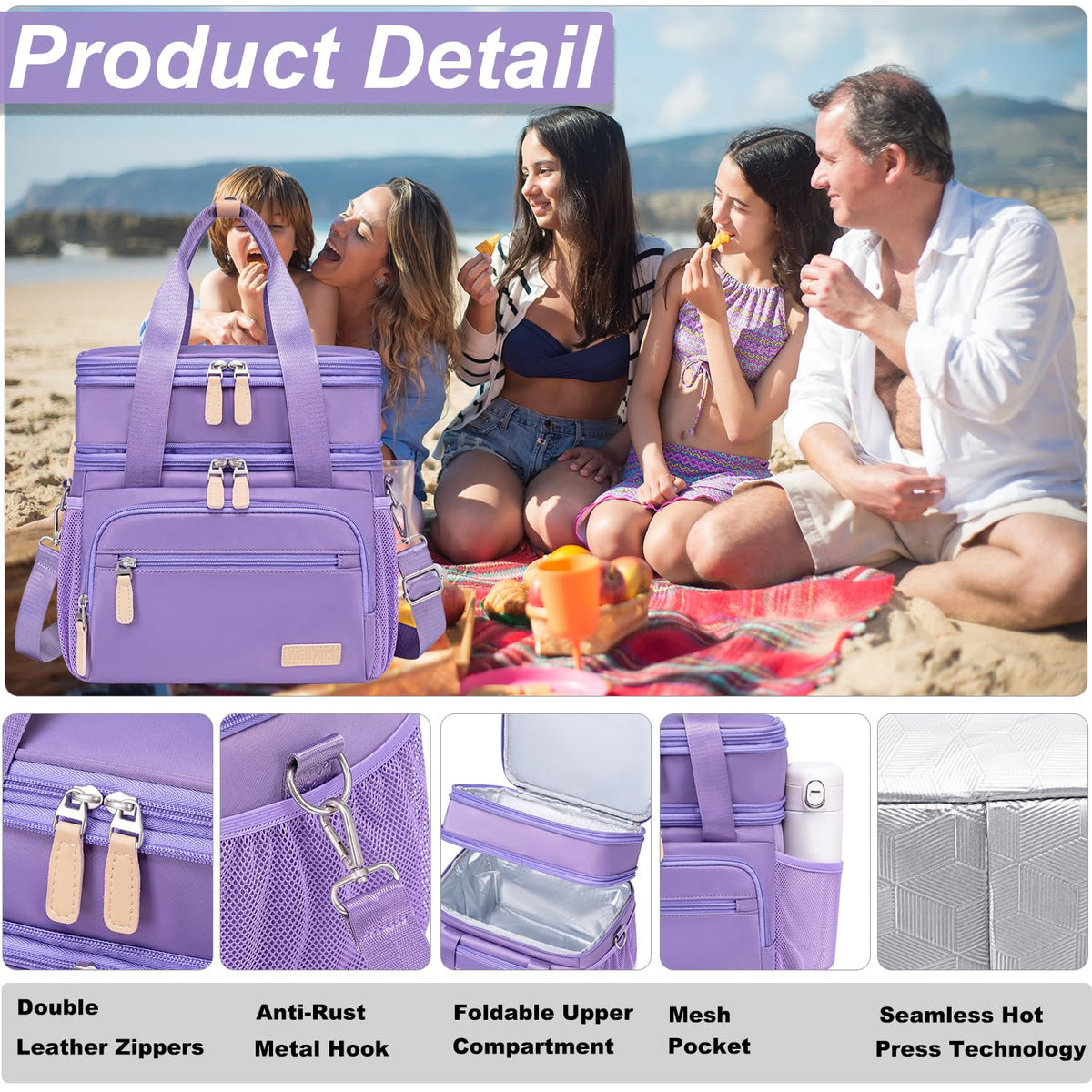 Weitars Insulated Lunch Box for Women Men-Dual Compartment Waterproof Reusable Large Lunch Bag Wide-Open Tote Cooler Bag For Working Picnic Hiking (15L) (Purple)