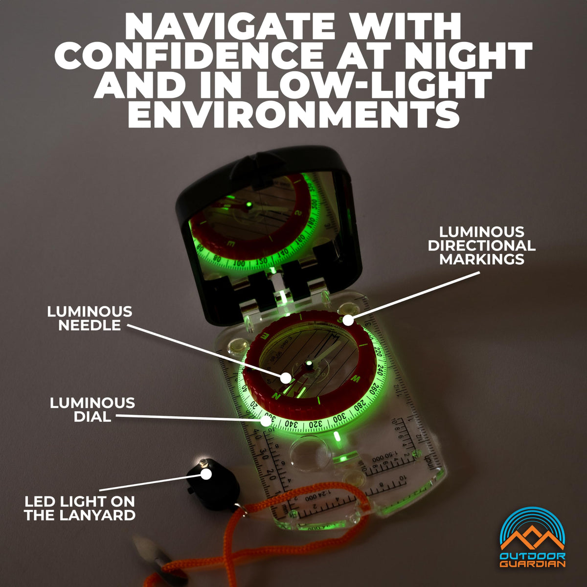 Outdoor Guardian Pathfinder Sighting Compass - Precise Navigation, Hiking and Orienteering Mirror Compass with Luminous Bezel, Adjustable Declination, Clinometer, LED and Survival Whistle, Scout Gifts