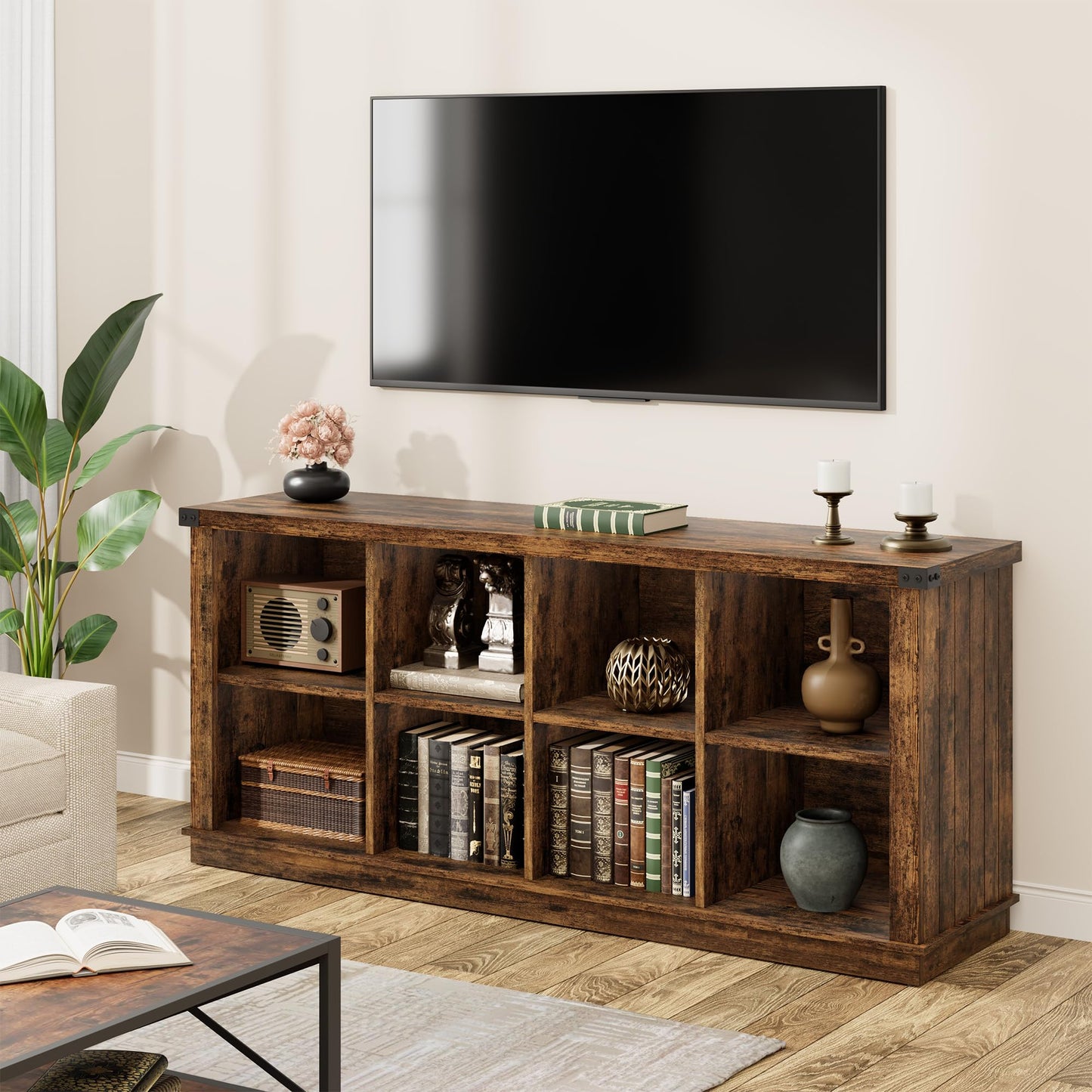 Garvee 8 Cube Book Shelf, Rustic Farmhouse Wood Horizontal Bookshelf, Long Freestanding Bookcase Cabinet, 2-Tier Storage Organizer for Living Room, Entryway, Office, Retro Brown
