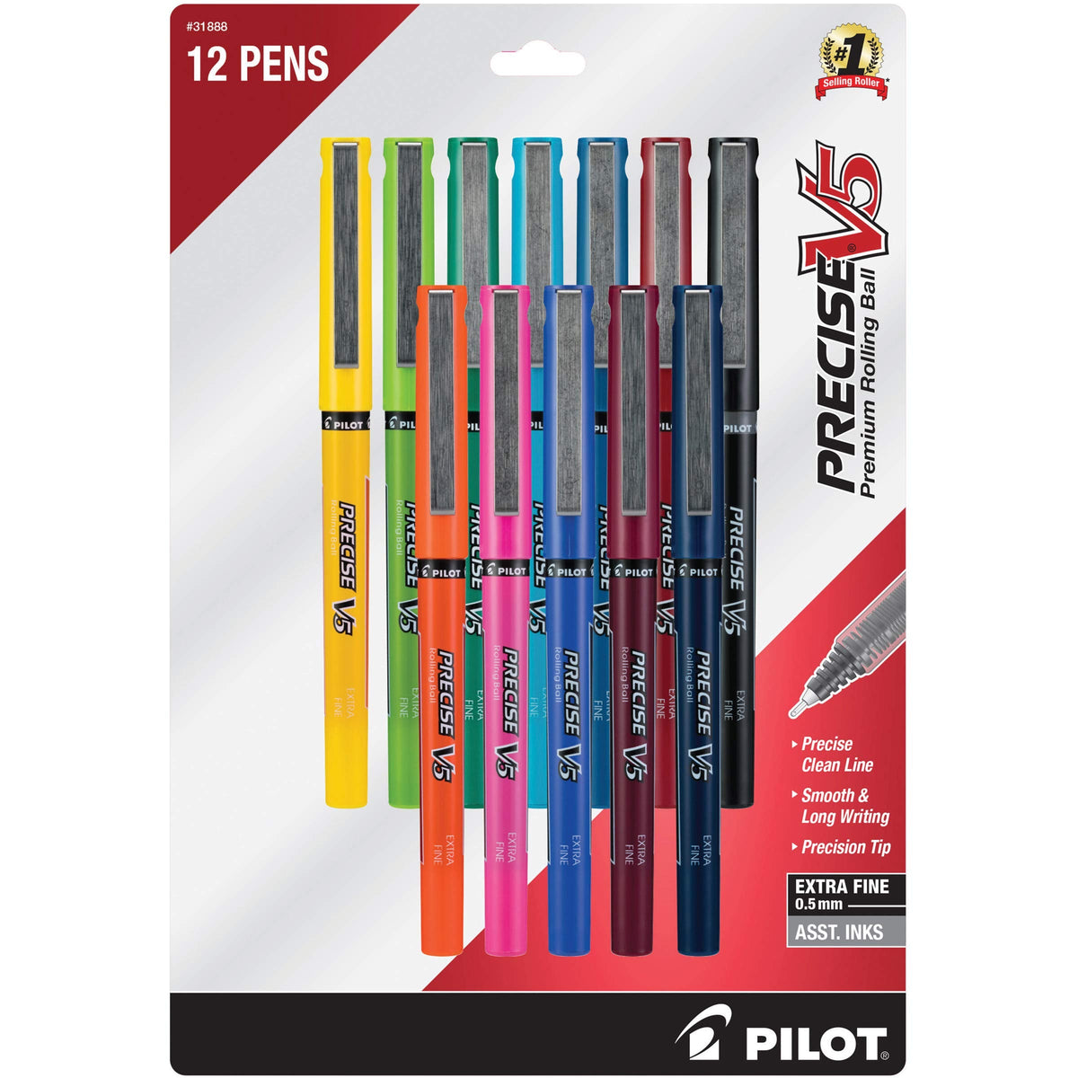 PILOT Precise V5 Stick Liquid Ink Rolling Ball Stick Pens, Extra Fine Point (0.5mm) Assorted Ink Colors, 12-Pack (31888)