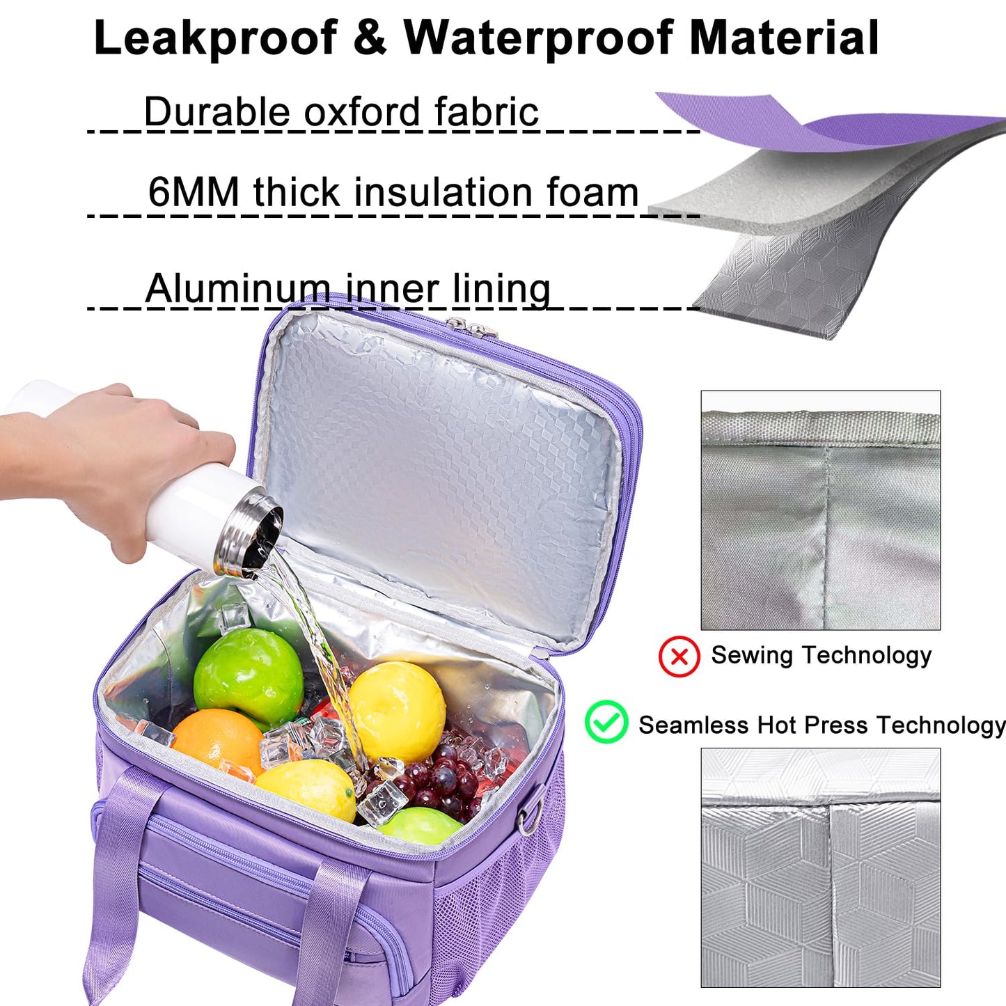 Weitars Insulated Lunch Box for Women Men-Dual Compartment Waterproof Reusable Large Lunch Bag Wide-Open Tote Cooler Bag For Working Picnic Hiking (15L) (Purple)