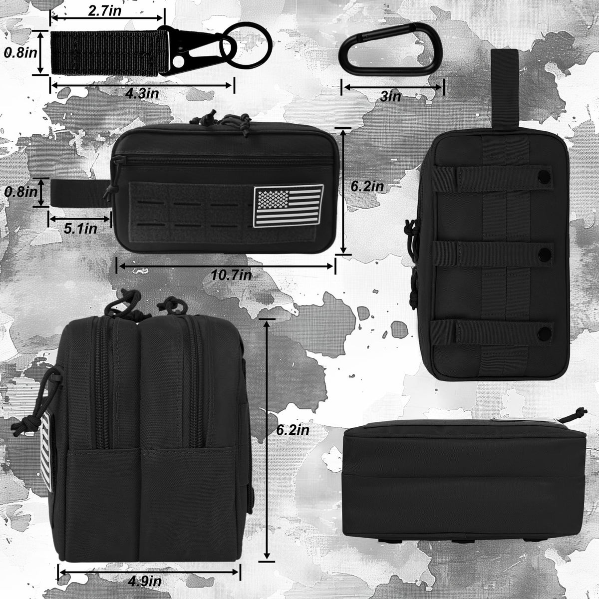 KOZEVARNY Tactical Toiletry Bag For Men,Molle Utility Pouches with US Flag Patch and Keychain,EDC Tool Pouch Bag, Mens Shaving Kit Travel shower Bags (Black)