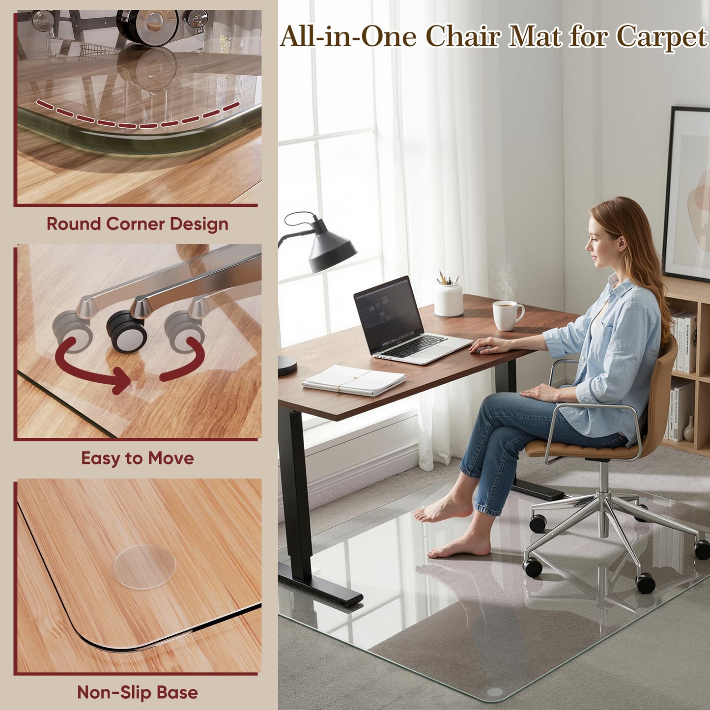 Homsion 36"x48" Tempered Glass Office Chair Mat for Carpet & Hardwood Floor, 1/6" Thick Clear Floor Protector Desk Chair Mat with Rounded and Polished Edges
