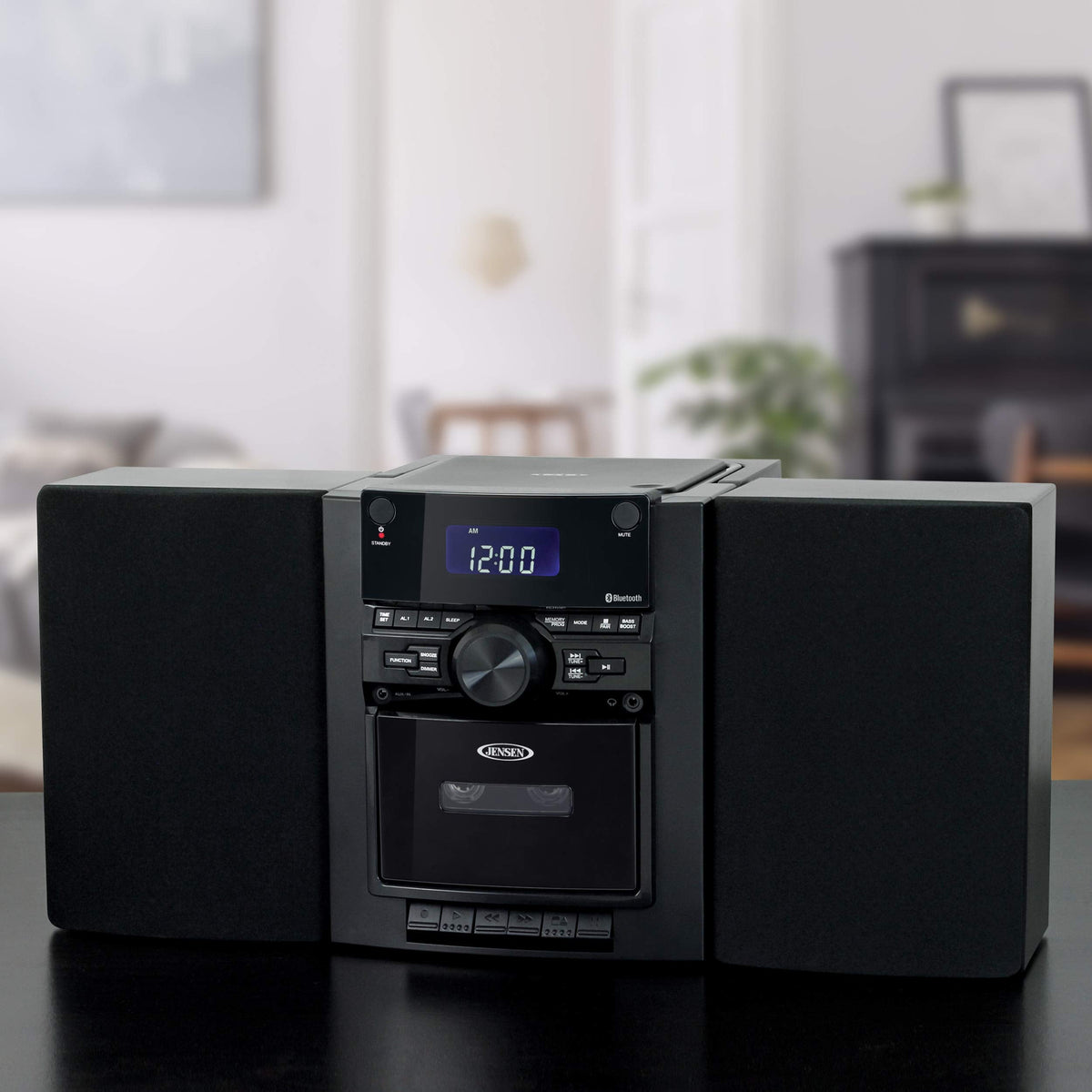JENSEN 10-Watt Portable Bluetooth Home Stereo System with Detachable Speakers, CD/Cassette Players, AM/FM Radio, Alarm Clock, and Remote (CD-785)
