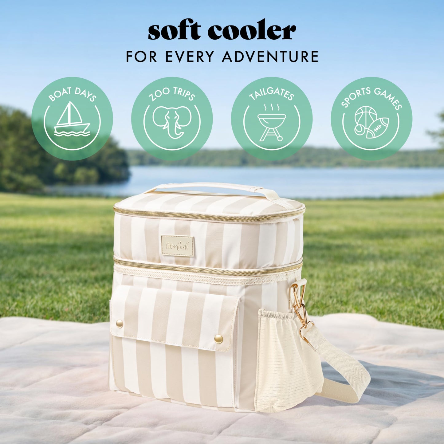 Fit & Fresh Sidekick Insulated Cooler Bag – Dual Compartment Leakproof Soft Sided Lunch Cooler, Small Cooler Bag with Crossbody Strap, 15 Can Capacity for Work, Beach & Travel, Pina Colada Cabana
