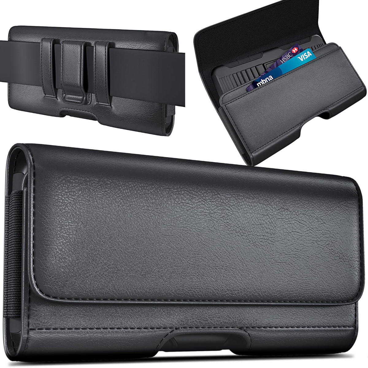 DeBin Cell Phone Case for iPhone 16 16e 15 14 13 12 11 Xs Xs & Pro Models, Leather Belt Clip Holster with ID/Credit Card Pouch, Magnetic Cover - Black