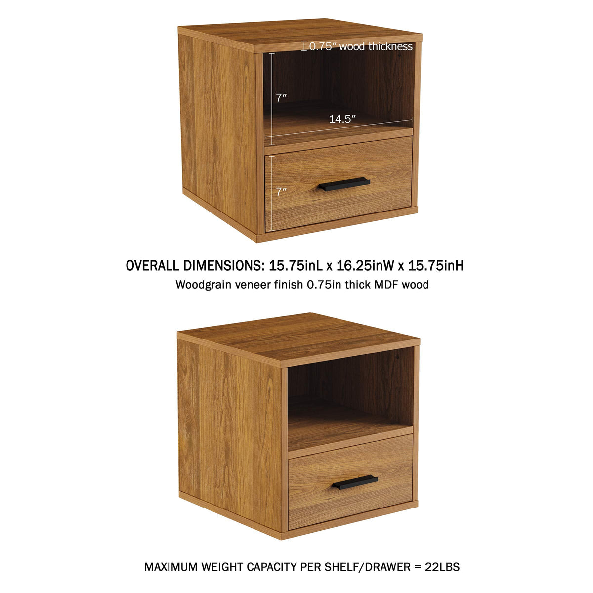 Lavish Home Side Table with Storage - Set of 2 Minimalist Modern Nightstand or End Table with Drawer - Stackable Modular Accent Furniture for Bedroom, Living Room, or Office (Brown Woodgrain)