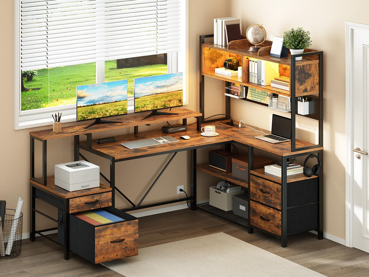 RALGEND 75" L Shaped Gaming Desk with Hutch, L Shaped Desk with Drawers, LED Light, Power Outlets & Pegboard, Corner Desk with Storage Shelves & Monitor Stand for Home Office, Rustic Brown and Black