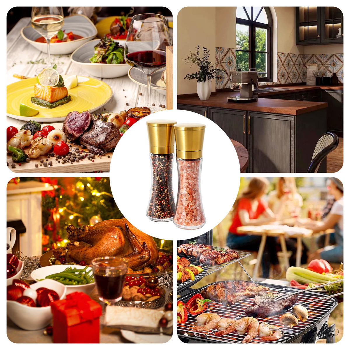 VEVOK CHEF Gold Salt and Pepper Grinder Mill Set Stainless Steel Pepper Shaker Adjustable Ceramic Coarseness Salt Grinder Black Pepper Spice Grinder Mill