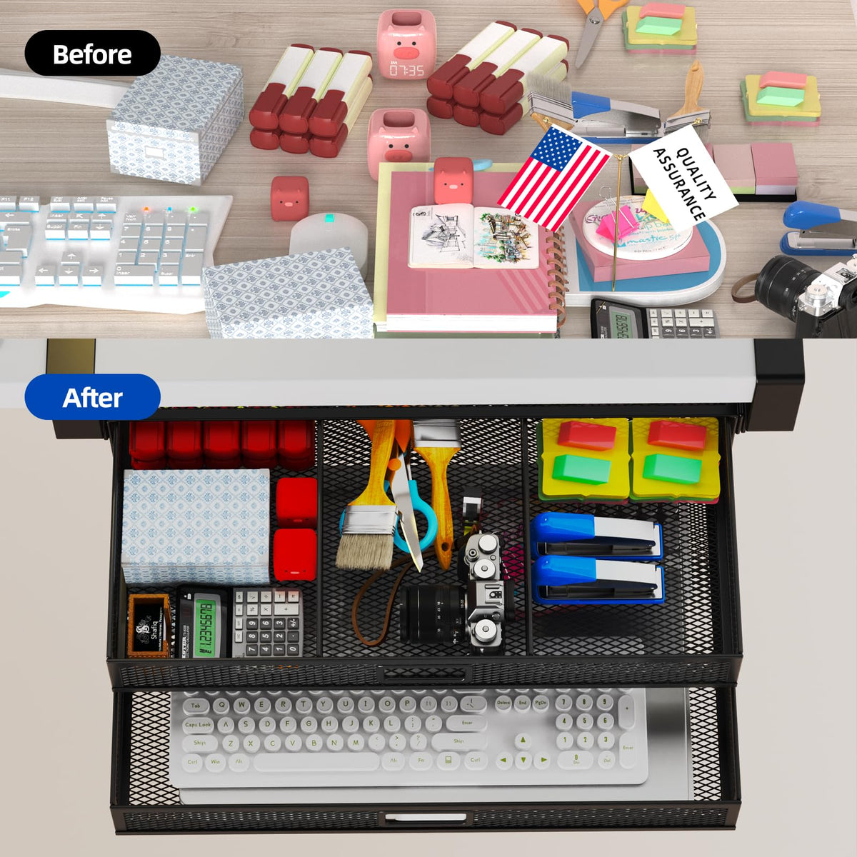 SEYHAKI Under Desk Drawer Organizer No Drilling Under Desk Storage Drawer Organizer Metal Under Desk Slide Out Drawer Suitable for Home and Office(Large)