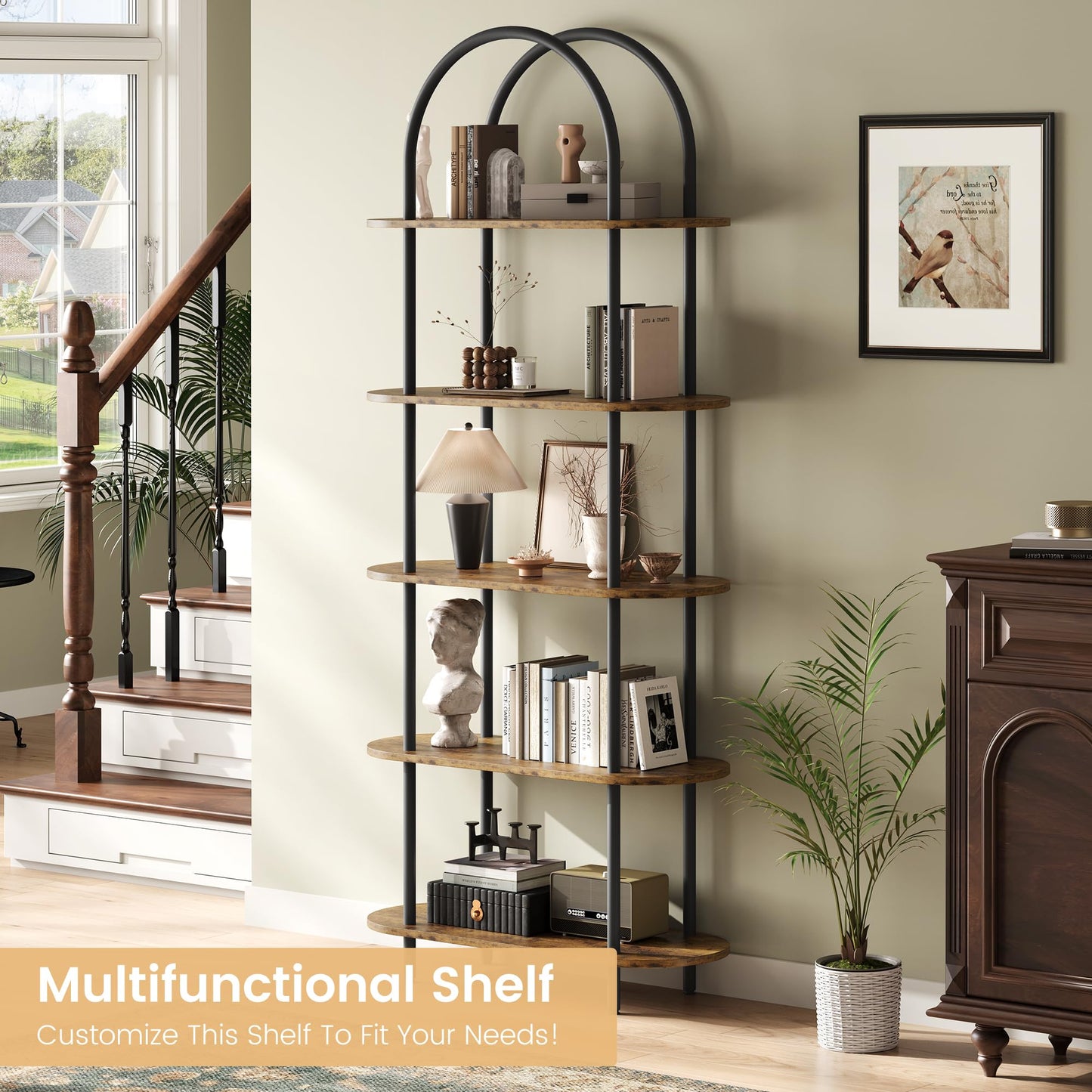MilleLoom 71" Arched Bookshelf, 5 Tier Freestanding Open Bookcase with Sturdy Metal Frame, Modern Display Rack and Plant Shelf for Bedroom, Living Room, Home Office, Black and Retro