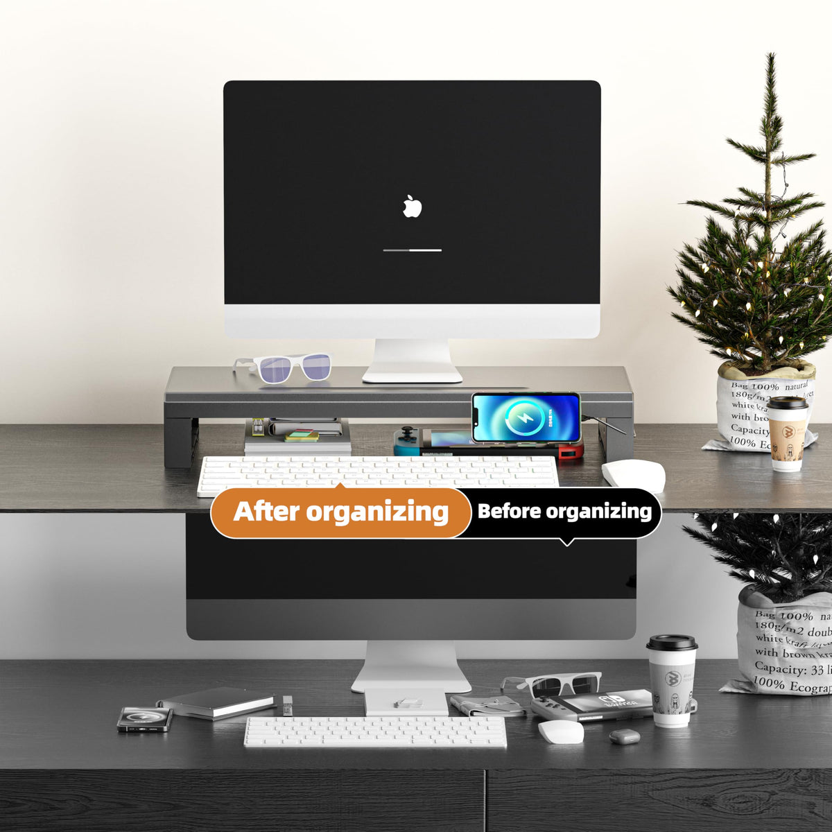 GECKOSTROLL Computer monitor stand Laptop Desk Shelf & Monitor Riser ，21.6 inches,22W charging , 2 USB 3.0 , and 1 USB 2.0， Monitors/PC/Laptop/Computer Space Saver Organizer ，Heavy Duty Gift Gaming Studio Office (USB Hub Fast Charging Version, 550mm)