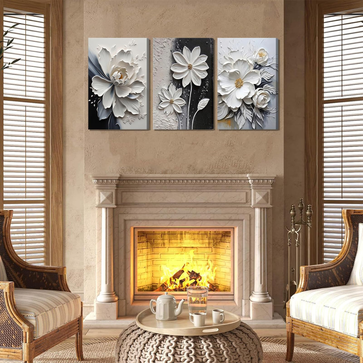 3Pcs Modern Abstract Floral Canvas Wall Art White and Black Flowers Wall Decor Pictures Elegant Daisy Poster Print Paintings for Office Living Room Bedroom Bathroom Home Decoration 12"x16"