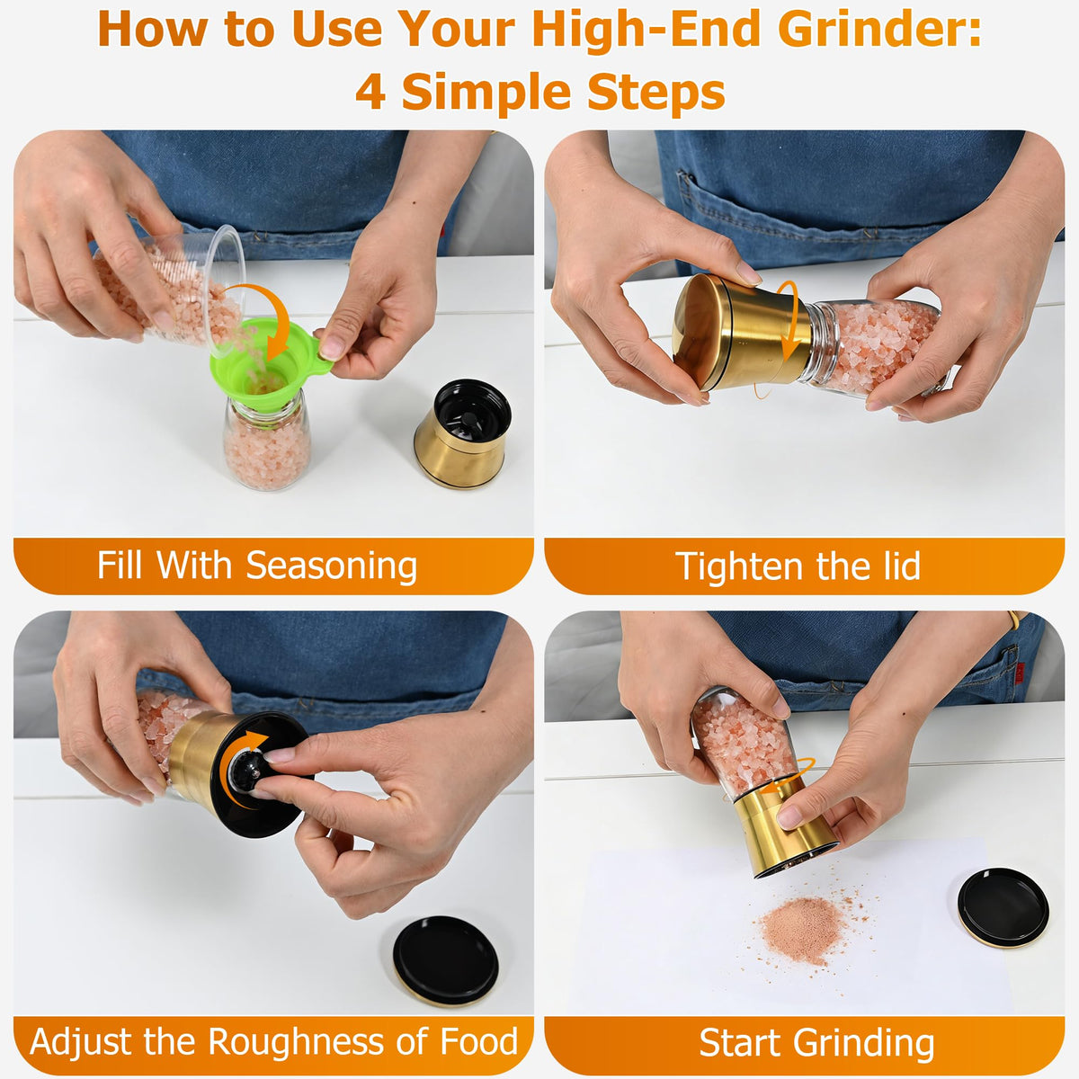 R DRURLCD Short Manual Gold Salt and Pepper Grinder Set of 2 with Funnel, Adjustable Coarseness Shiny Gold Cap Sea Salt Pepper Mill Refillable with Magnetic Lid, Kitchen Decoration Gift