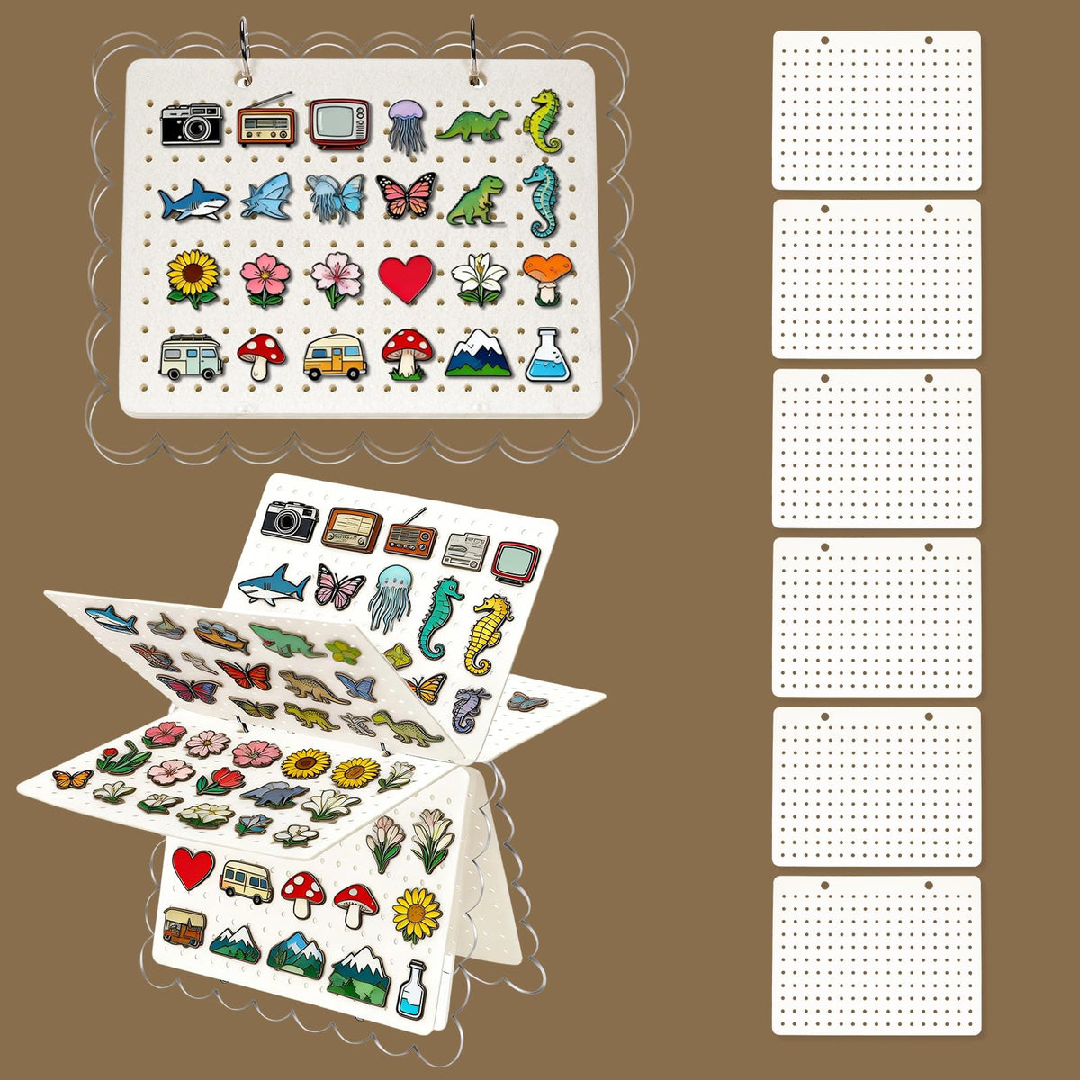 Beautiful Pin Display Organizers,Acrylic Scalloped Cover Brooch Pin Holder with 6 Pages,Pin Collection Storage Calendar,Enamel Pin Display Pages for Store 180+ Pins