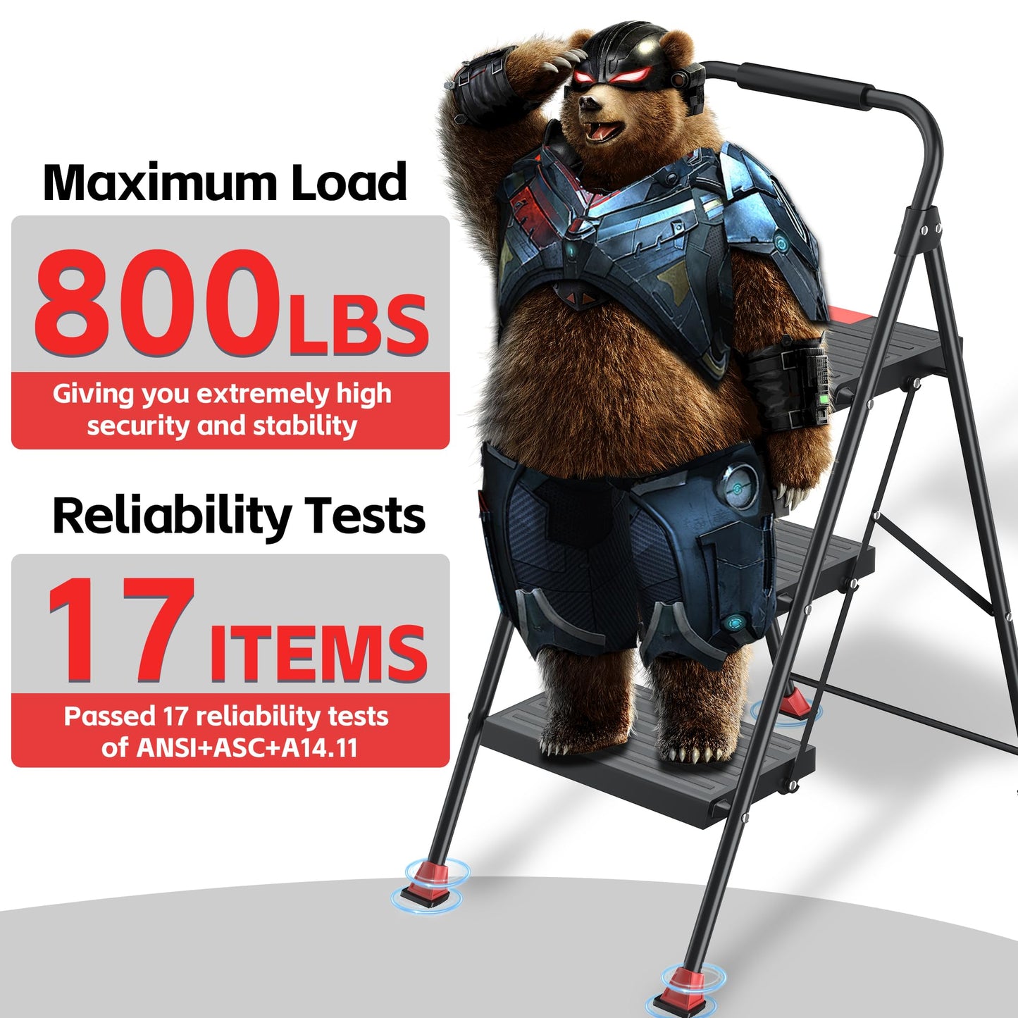 Foldable Step Ladder Folding Stool - 800Lbs Heavy Duty with Handrails for Home Adults Kitchen 3 Stepping Extension Tall - Indoor House Closet Stepstool Stair Ladders Extendable Stepladder