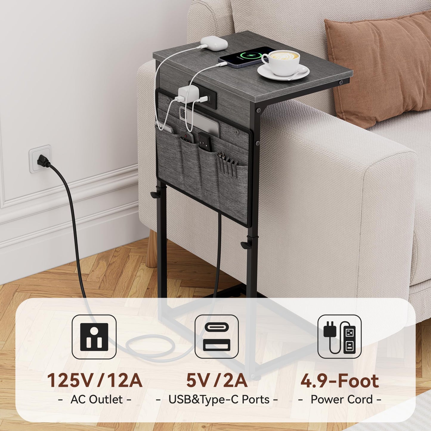 Vagusicc C Shaped End Table with Charging Station, 33" Tall Side Table for Couch, Sofa Table Adjustable Height Couch Side C Table, Slide Under Sofa Tray Table for Living Room Bedroom, Gray Walnut