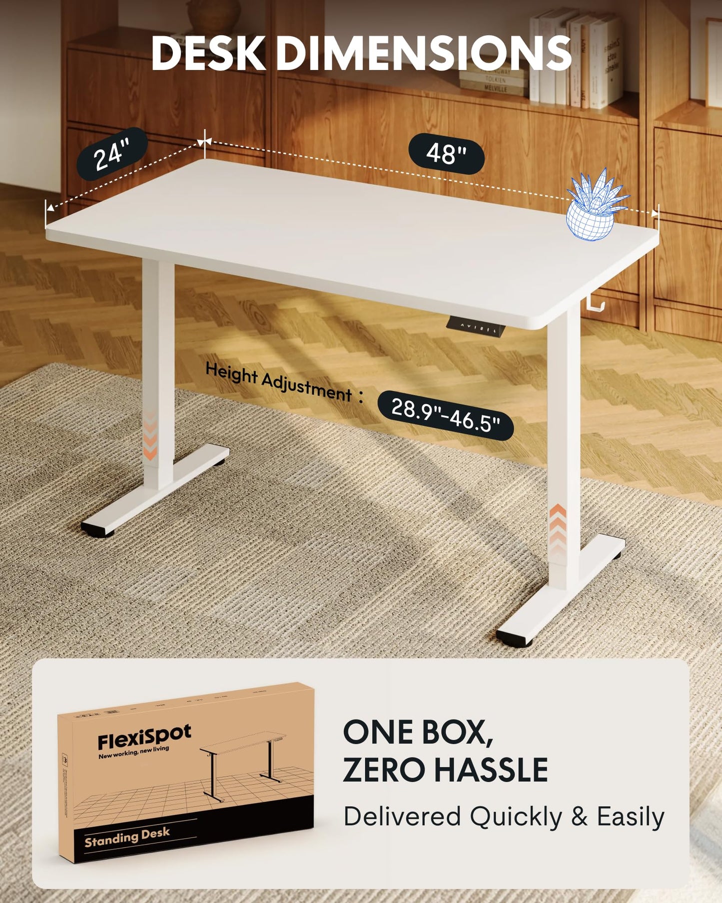 FLEXISPOT EN1 One-Piece Standing Desk, 48"x24" Seamless Desktop Electric Height Adjustable Desk for Home Office, Multi-Monitor Setups & Easy Assembly, White