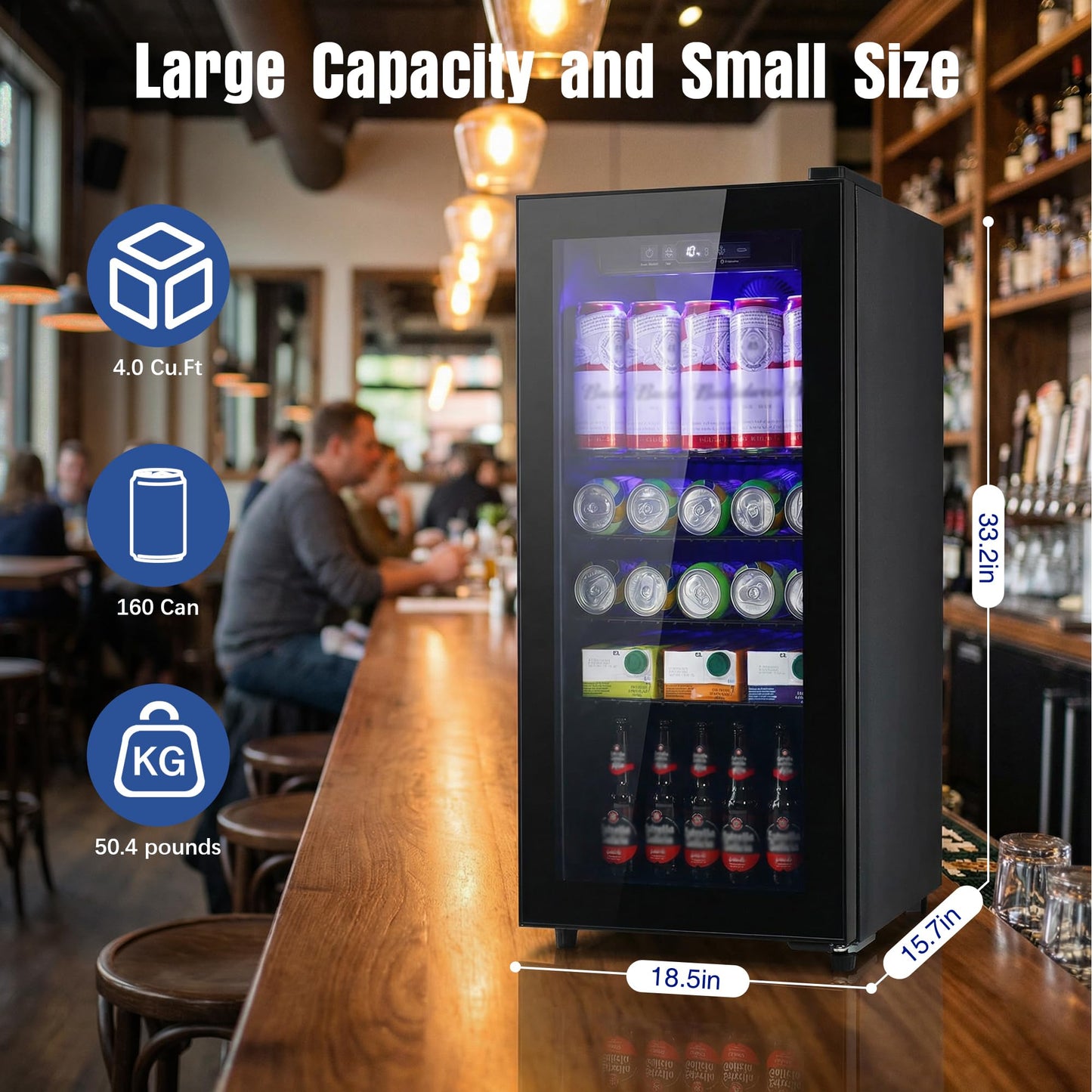 Borcolo Beverage Refrigerator, 160 Can Mini Fridge Glass Door for Soda, Beer or Wine with LED Light, Temperature Control, Compact Mini Bar Adjustable Removable Shelves for Home/Office 4.0 Cu.Ft