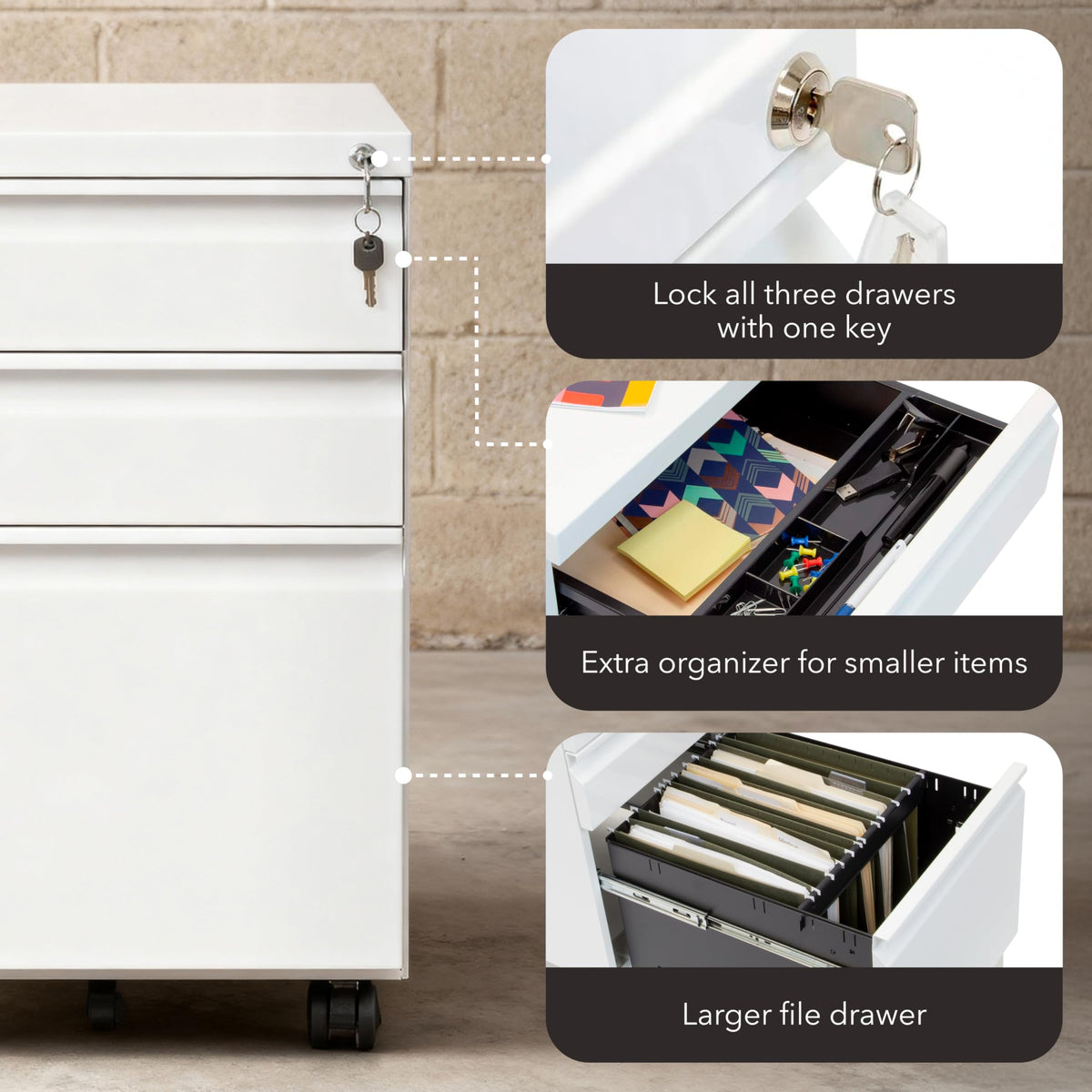 Mount-It! 3 Drawer File Cabinet with Lock and Wheels, Under Desk Storage Filing Pedestal for Home Office, No Assembly Small Rolling File Cabinet for Legal, Letter, and A4 Files in White