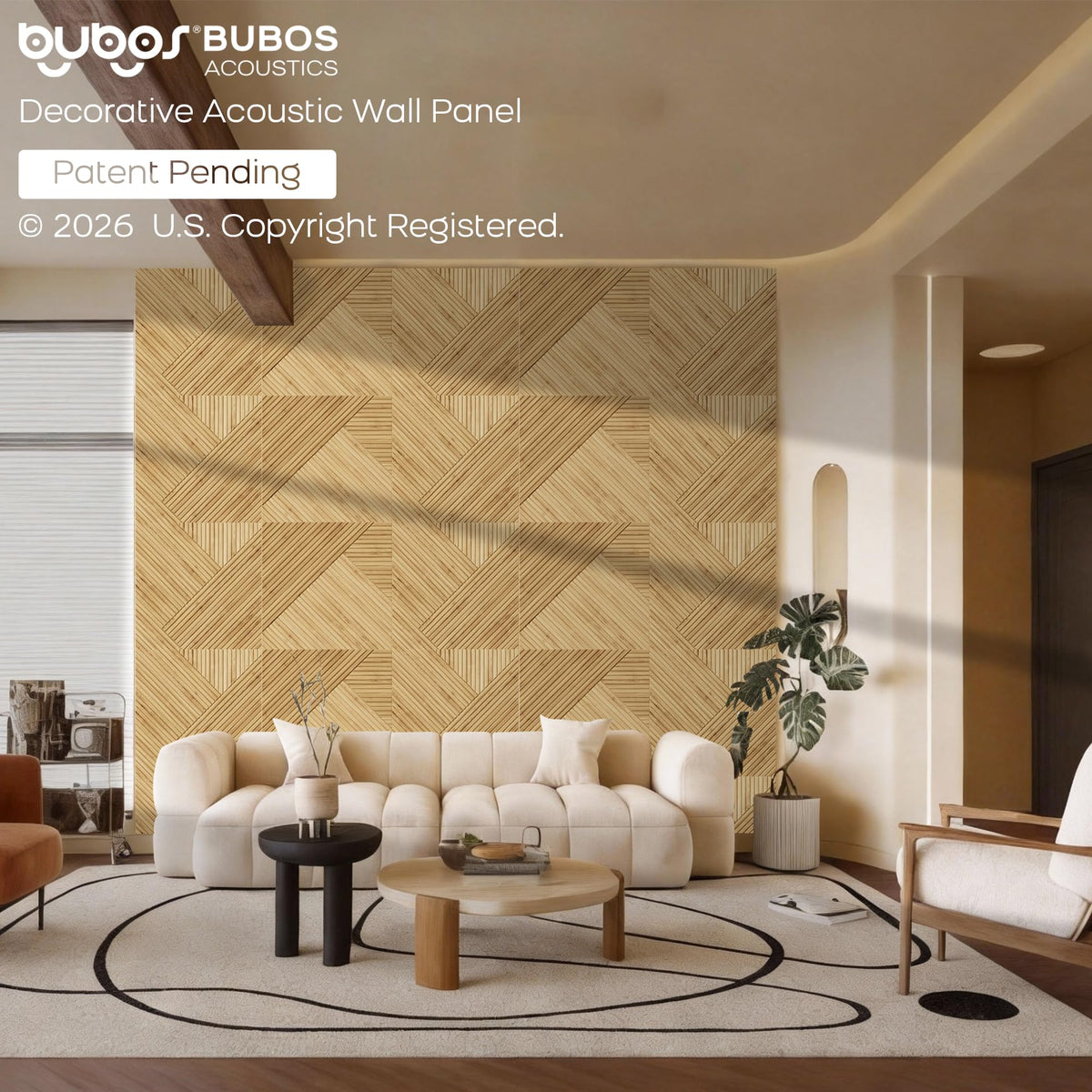 BUBOS 6 Pack Acoustic Wall Panels - High-Density Polyester Sound Absorbing Panels, Decorative Wood Print Treatment for Recording Studio & Home Office, Peel and Stick, 23.6" x 23.6"