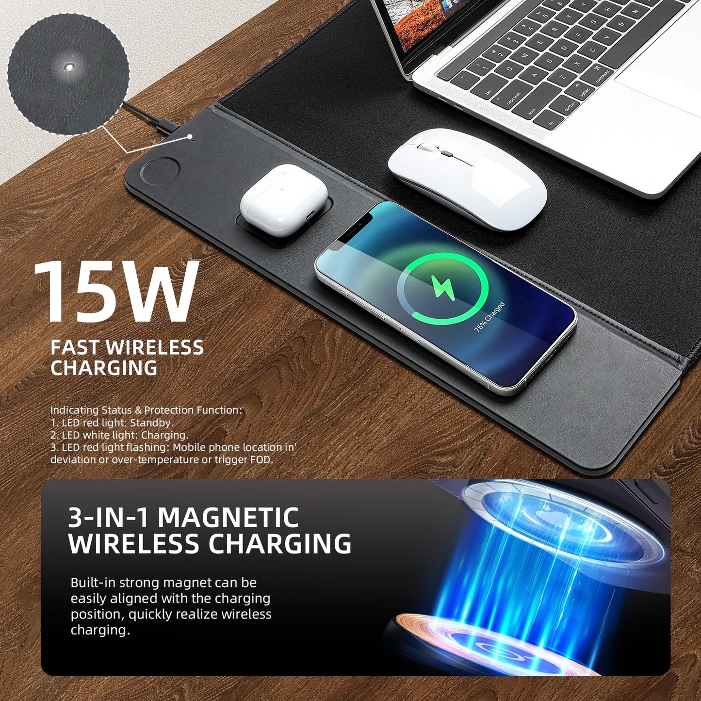 VOVIPO 3 in 1 Wireless Charging Mouse Pad, Gaming Mousepad with Wireless Charger Multiple Devices Compitable with Watch/iPhone/Airpods, Large Desk Mat 90 x 40cm,Desk Pad for MacBook, PC, Laptop-Black