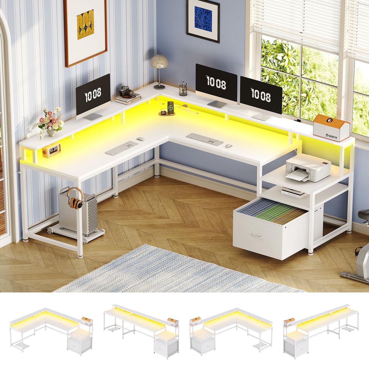 SEDETA 66" L Shaped Desk with Power Outlet, Reversible Home Office Computer Desk with File Drawer & Monitor Shelf, Storage Shelves, LED Lights for Corner Small Spaces, White
