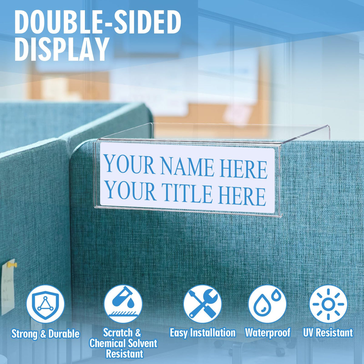 Kathfly 4 Pcs Clear Acrylic Cubicle Name Plate Holders 8.5" L x 2.5" W - Fits 3" Cubicle Wall, Single Sided Sign Holder Plastic Nameplate for Office Home Classroom Library Display