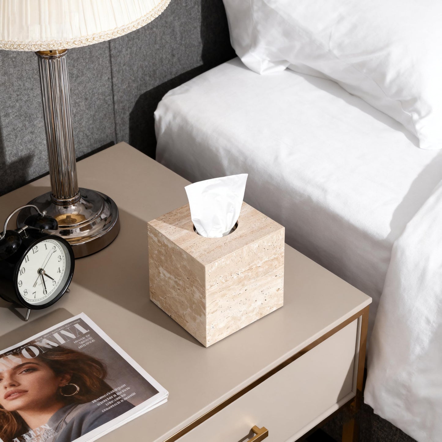 N NANSHOP Natural Travertine Marble Tissue Box Holder Cover, Square Cube Tissue Box Holder with Open Bottom for Bathroom Vanity Tops, Bedroom Dressers, Kitchen Countertop, Travertine Beige(NS022)