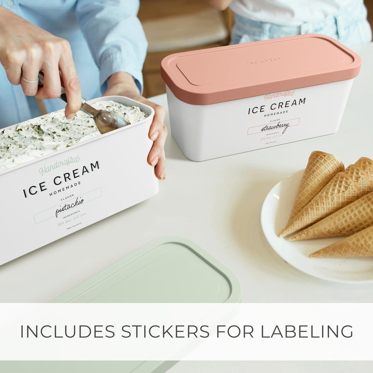ZICOTO Set of 2 Reusable Ice Cream Tub Containers 2 Quart Each - Perfect for Homemade Sorbet, Frozen Yogurt Or Gelato - Stackable Storage Containers, Stickers And Lids Stores Easily In Freezer