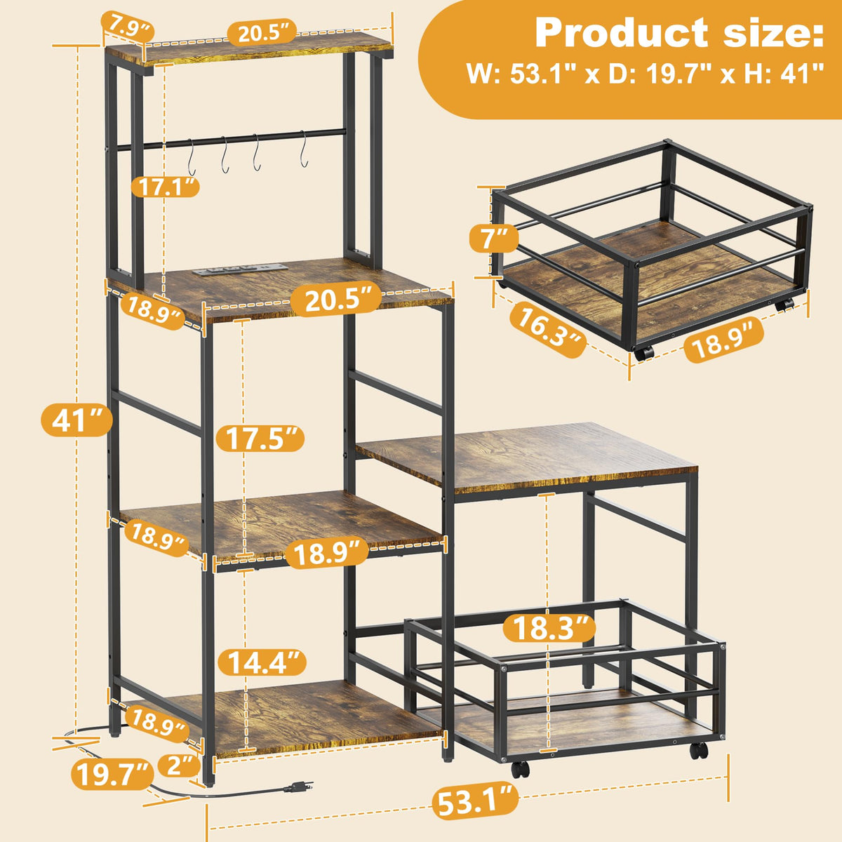HYPIGO Mini Fridge Stand with Storage, Coffee Bar Cabinet Station with Power Outlet, Kitchen Baker’s Rack with Adjustable Shelf, Movable Basket, Refrigerator Organizer for Kitchen, Dorm, Home, Office
