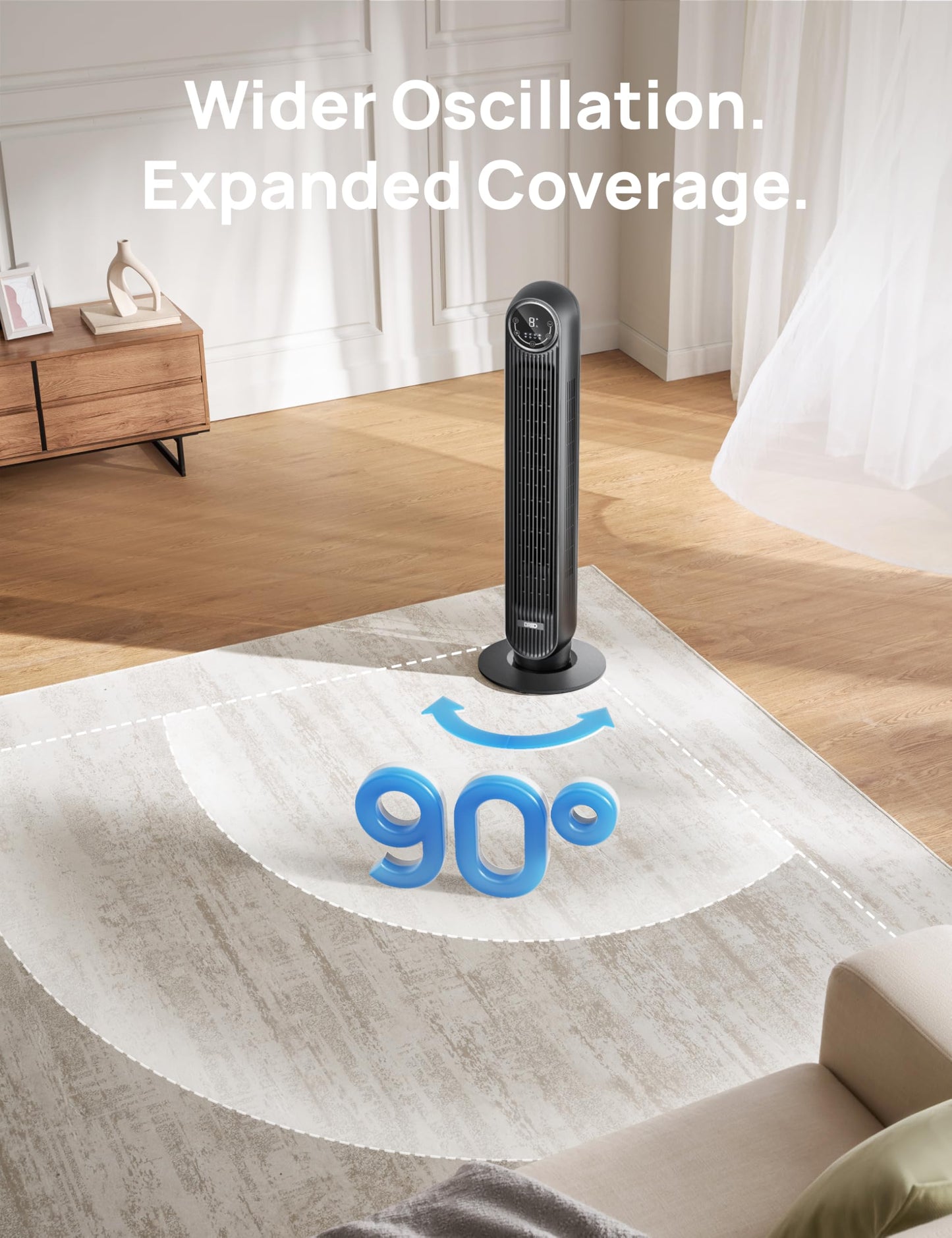 DREO Tower Fan for Bedroom, 2026 Upgraded DC Motor, 28ft/s High Velocity, 20dB Ultra Quiet Standing Fan, 8 Speeds 4 Modes, 90° Oscillating Bladeless Fan for Indoors, Floor Fans with Remote, Black