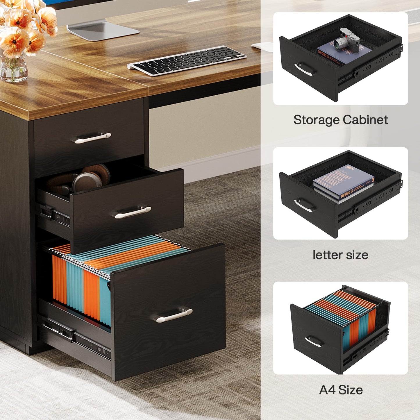 Tribesigns 85.8-Inch L-Shaped Executive Desk, Extra Large Modern Office Desk with File Drawers, Door Cabinet & Shelves, Commercial Office Table, Home Business Workstation, Brown & Black