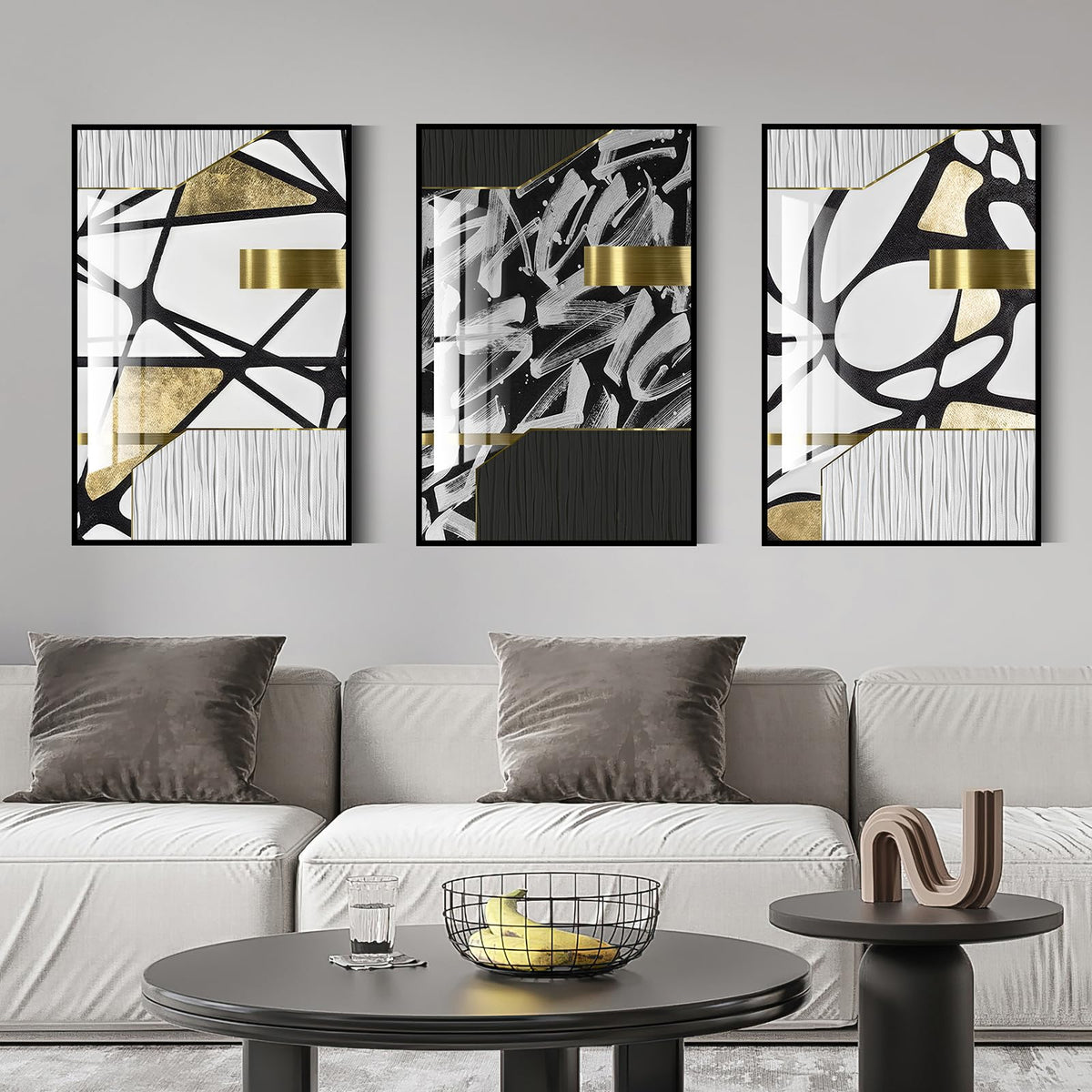 QKF large bright abstract geometric wall decoration, modern minimalist black and white wall art, suitable for bedroom, living room, bathroom, office, home poster printing 20 "X 28" inch 3-piece set