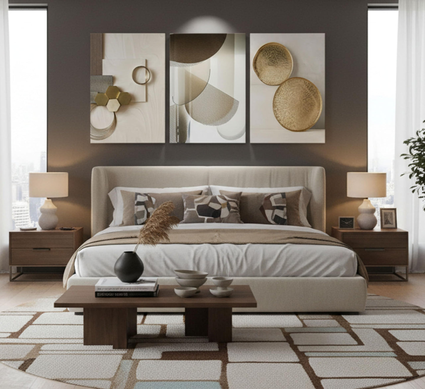 3 Pcs Abstract Gold Geometric Boho Canvas Wall Art Mid Century Modern Minimalist Aesthetic Luxury Metal Artwork Pictures Wall Decor Posters Prints for Living room Bedroom Office Home Decoration