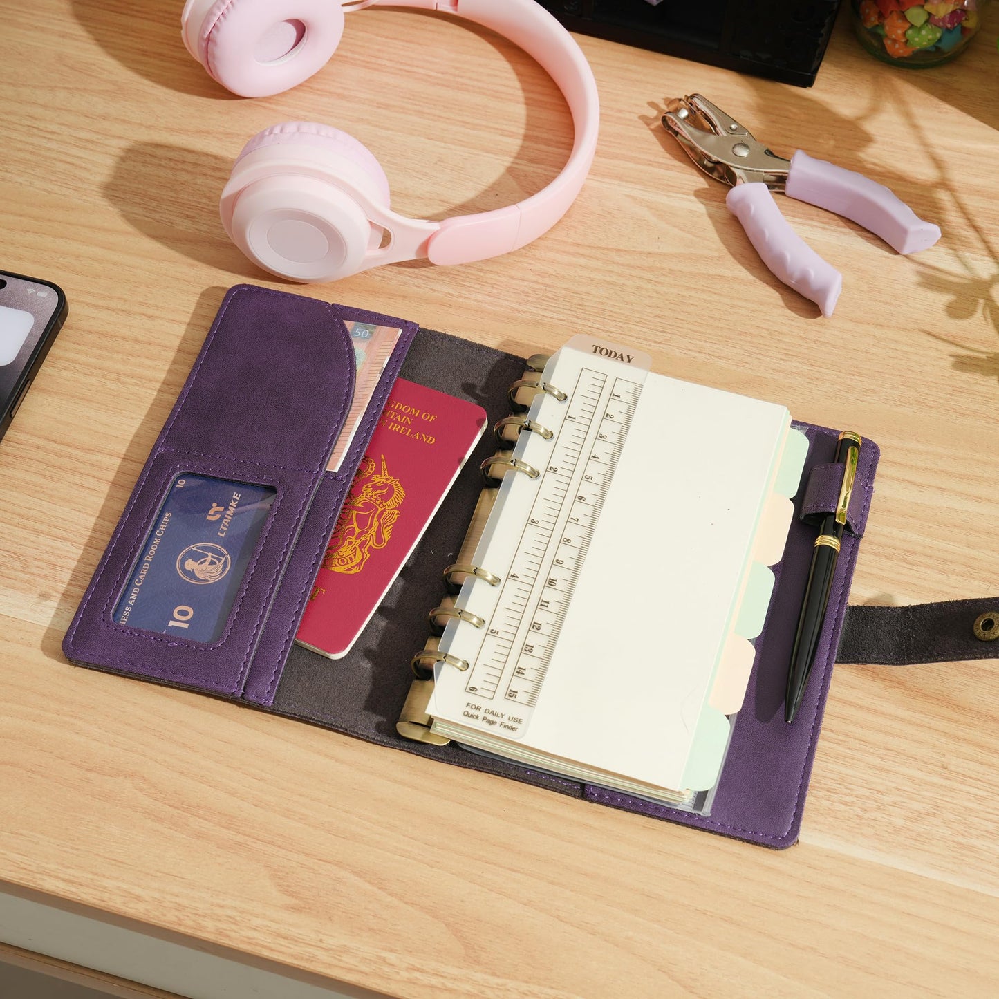 WONDERPOOL Leather Journal Dotted Paper Refillable Writing Binder Notebook - Leather Spiral Diary with Inner Organizer Pockets for Man and Woman (Purple, A6)