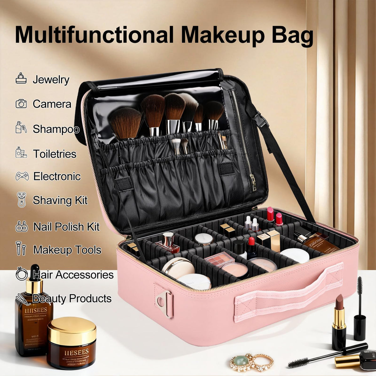 Travel Makeup Bag with Brush Holder, Professional Cosmetic Train Case Organizer, Portable Travel Makeup Brush Carry Case Artist Storage Box with Adjustable Dividers and Shoulder Strap, Leather Pink