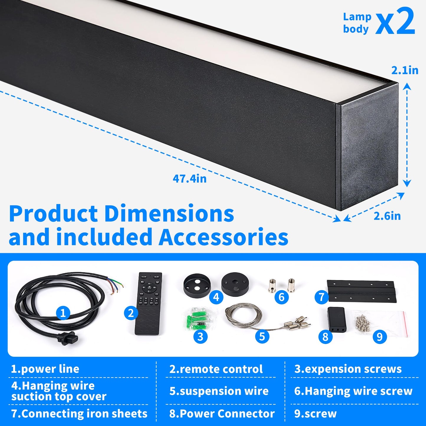 4FT LED Linear Light Fixture, 50W Dimmable Linkable Lights, 3000k-6500K Adjustable Color Temperature Hanging Lighting, Modern Suspended Lamp with APP & Remote Control for Shop Gym Office, 4 Packs