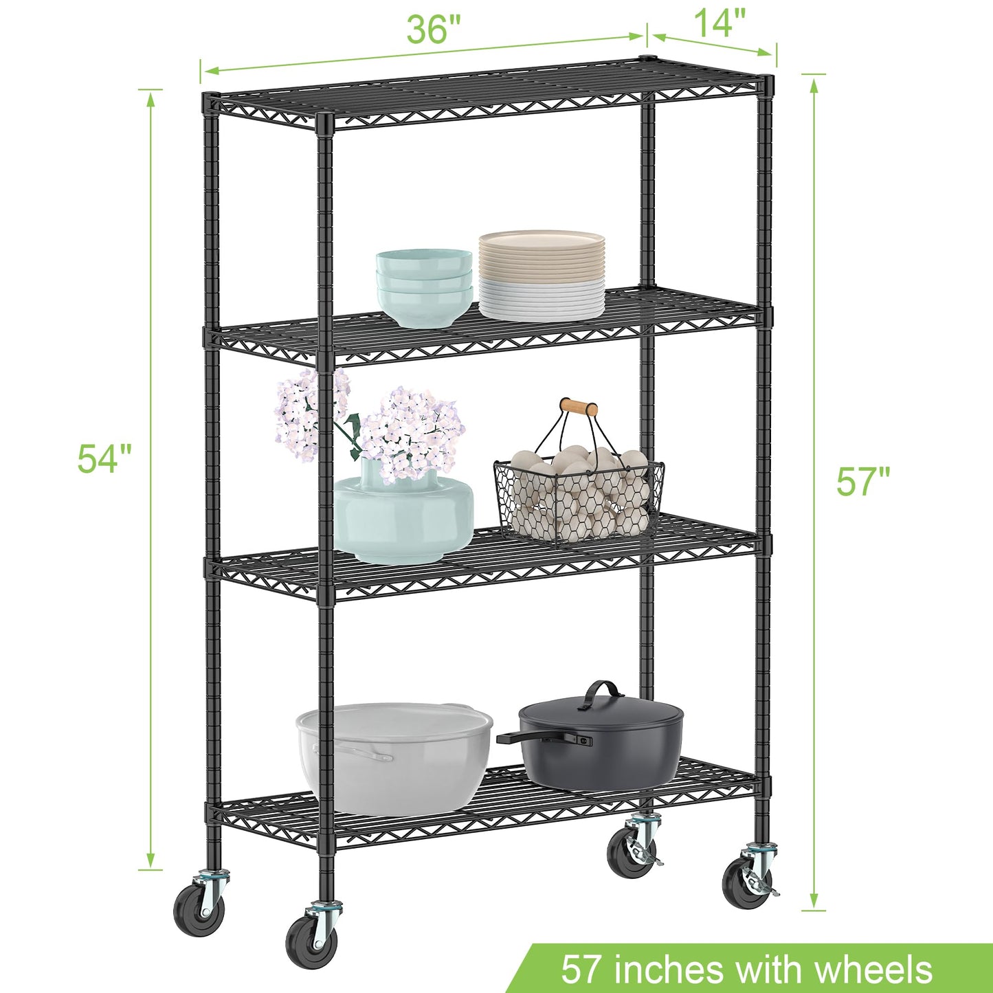 Alexayhome Storage Wire Shelving with Wheels 4-Tier Heavy Duty Garage Shelves Unit Metal Rolling Adjustable Organizer Rack Steel Wire Industrial Shelving for Kitchen Garage Pantry Office Bathroom
