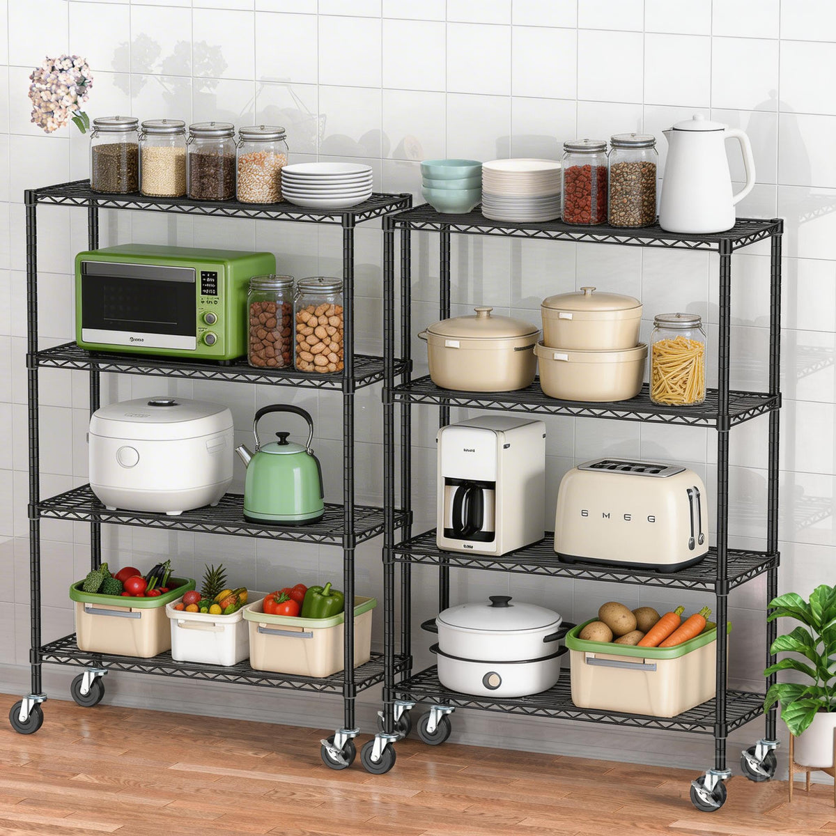 Alexayhome Storage Wire Shelving with Wheels 4-Tier Heavy Duty Garage Shelves Unit Metal Rolling Adjustable Organizer Rack Steel Wire Industrial Shelving for Kitchen Garage Pantry Office Bathroom
