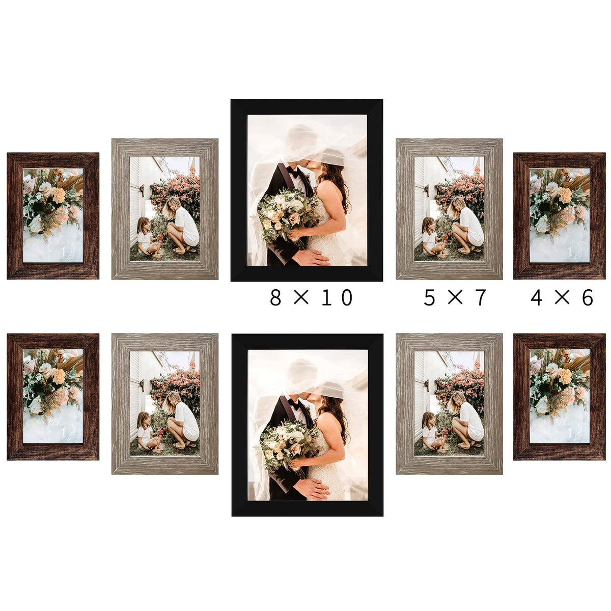 LUCKYLIFE Picture Frames Collage Wall Decor 10-Pack, Gallery Wall Frame Set with 8x10 5x7 4x6 Frames in 3 Different Finishes