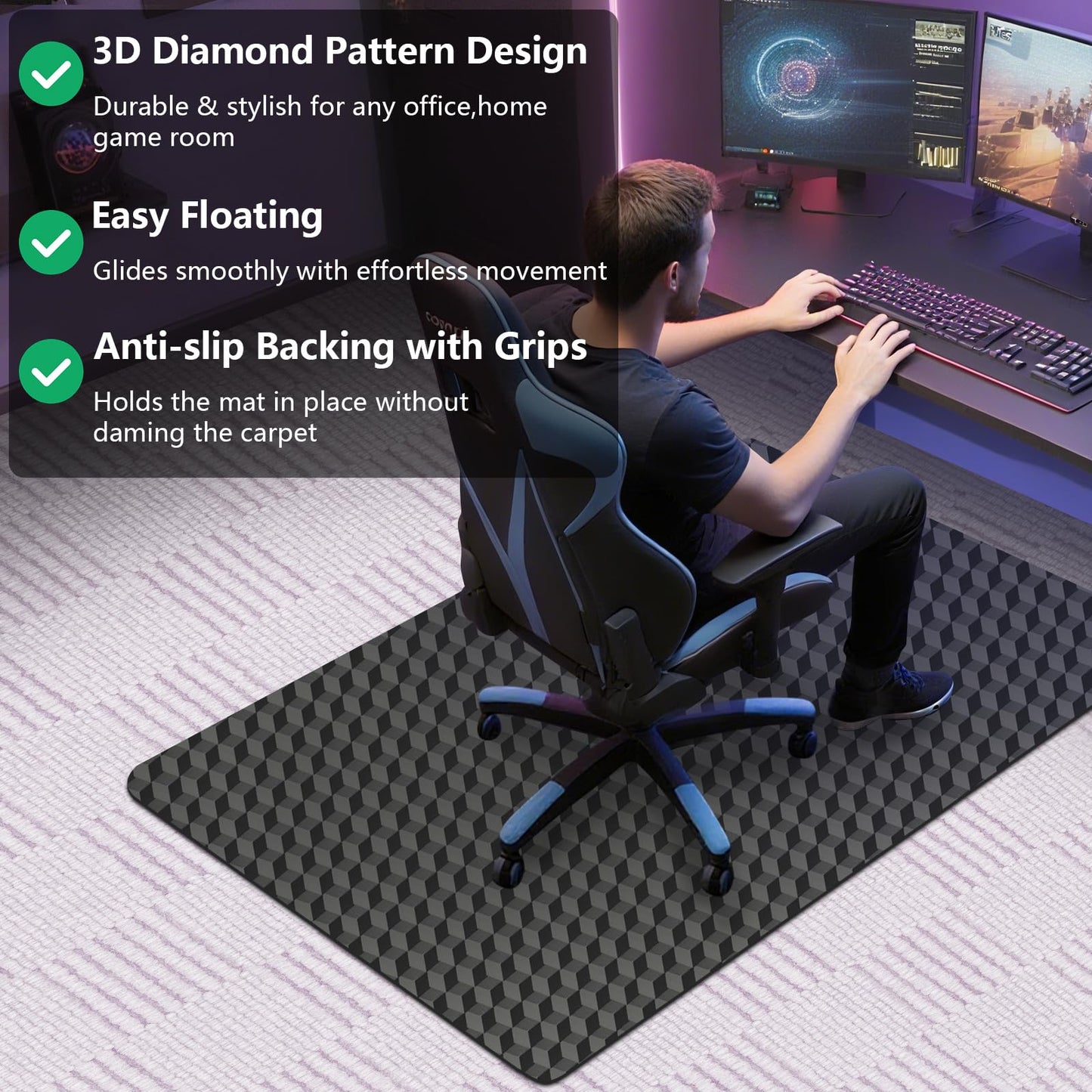AiBOB Office Chair Mat for Carpet, 48"x36"Gaming Computer Desk Mat for Low Pile Carpet, Heavy Duty Floor Protector Mat for Rolling Chair