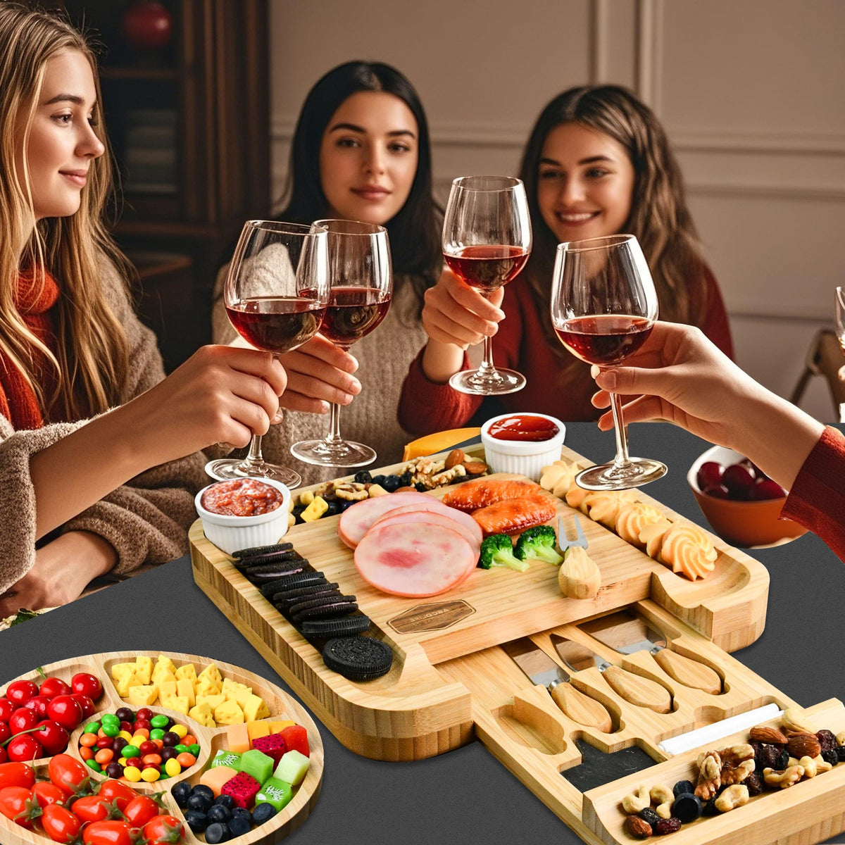 Charcuterie Board Cheese Board Set Portable Serving Platter for Cheese Meat, Fruits & Snacks with 4 Knives, 2 Bowls & Labeling Tool Perfect Housewarming Gifts for Women