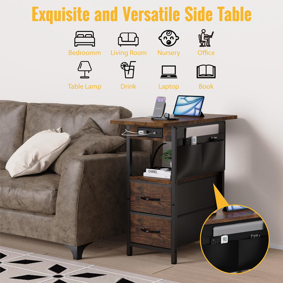 Yenlure Small Side Table with Charging Station, Narrow Nightstand Bedside Tables with Storage Pocket for Living Room Bedroom, Sofa End Table with USB Ports and Power Outlets for Small Spaces