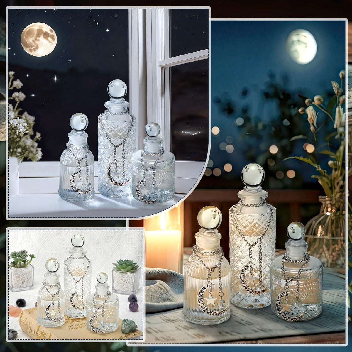 Potchen 3 Pcs Moon Energy Glass Bottle with 3 Lunar Star Spiritual Moonlight Water Jar Chain Charging Container with Lid for Infusing Intentions Crystal Cleansing Meditation Witchcraft Home(Clear)