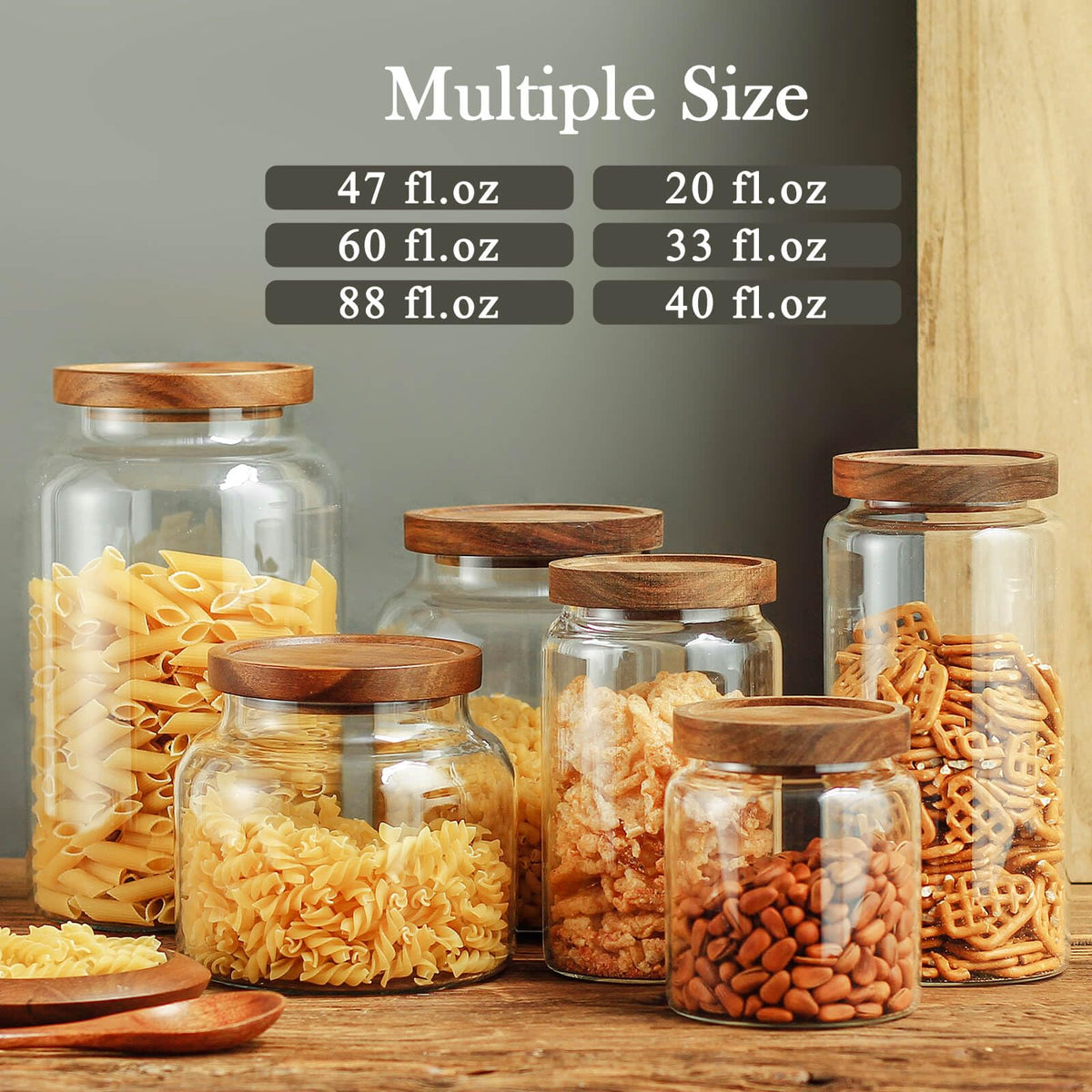 Labina Glass Storage Container Airtight Food Jars Kitchen Canister with Wood Lids, 20 Oz Wide Mouth Pantry Organization Glass Jar for Flour, Sugar, Cookie, Spagetti, Nuts and Candy